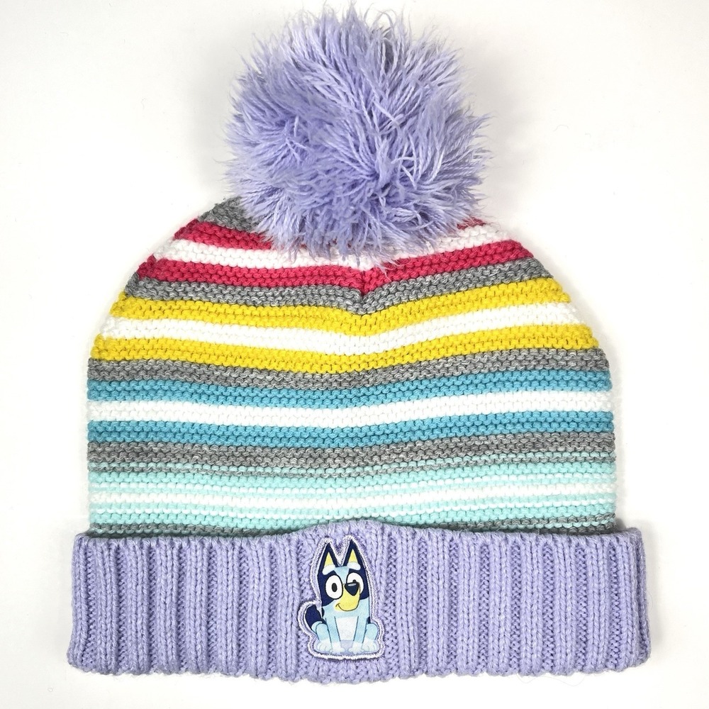 Disney Bluey Beanie Hat Rainbow Stripes‎ Pom Pom Size 2T - 5T Winter Snow Ski